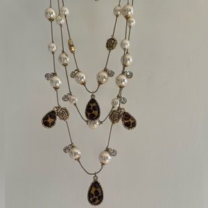 Betsey Johnson Gold Multi Strand Gold Leopard Rose Pearl Statement Necklace
